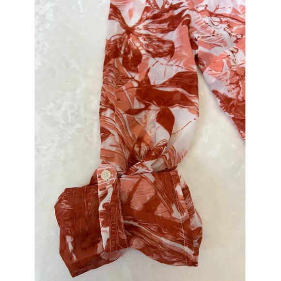 Tommy Hilfiger Top Women's Sheer Tropical Button Up Blouse Coral/Brick Size M - Picture 8 of 8